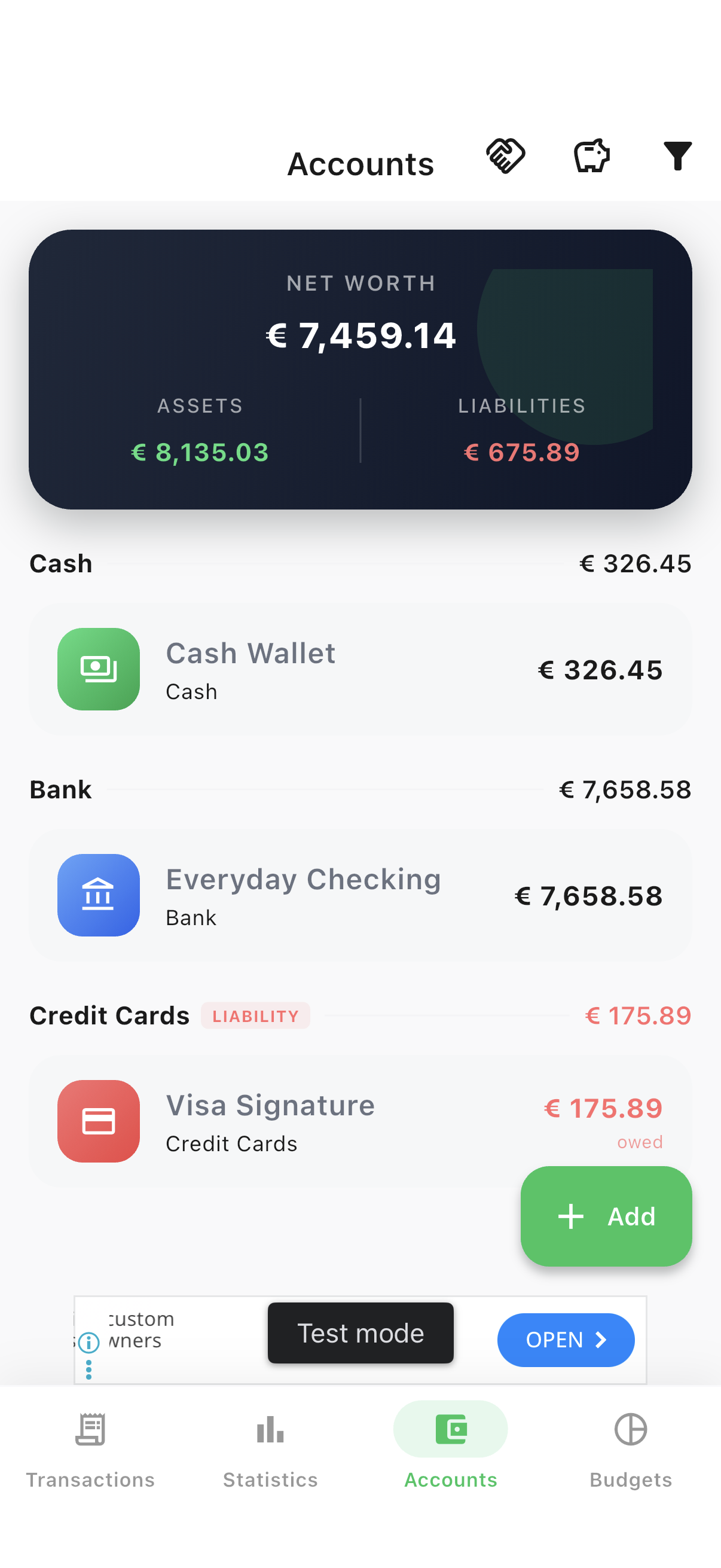 Accounts list with net worth