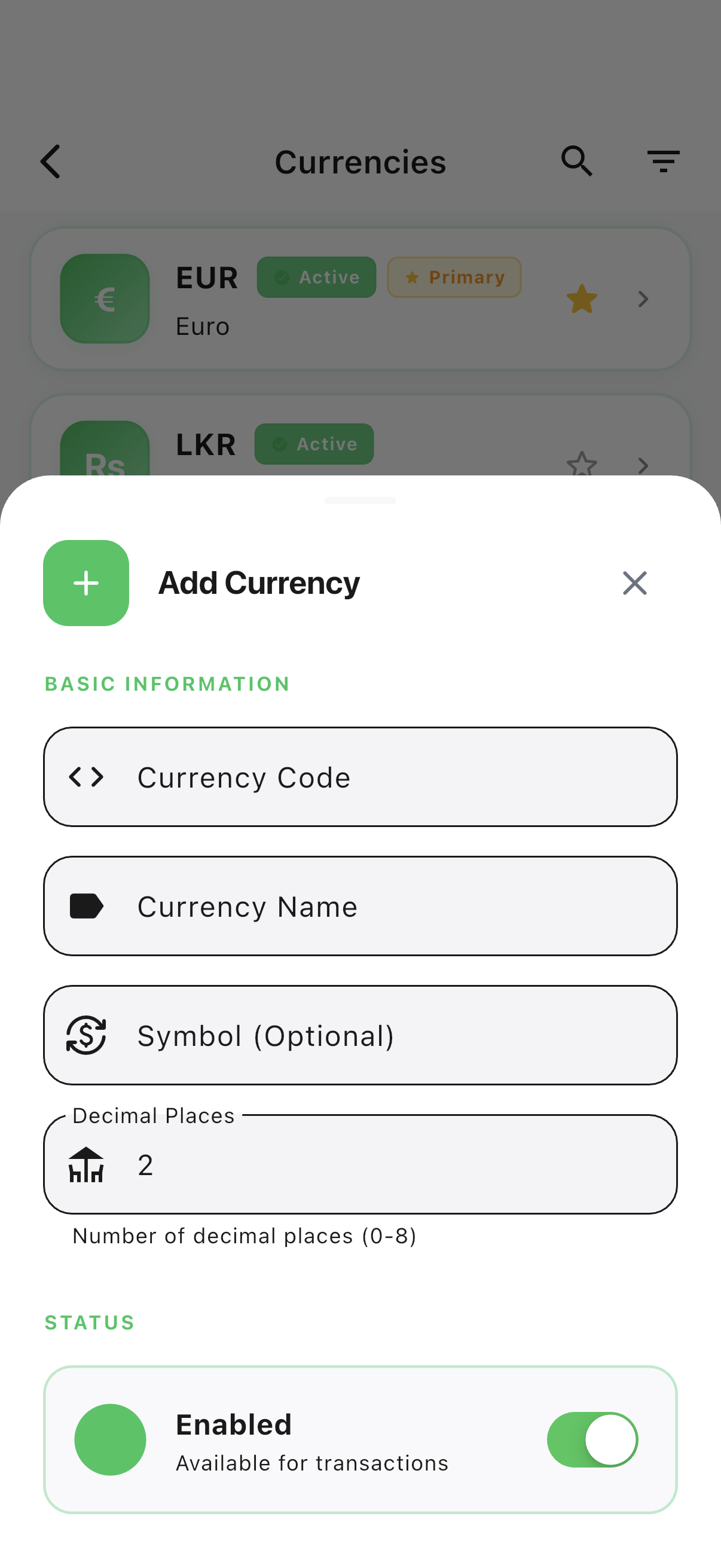 Add currency sheet